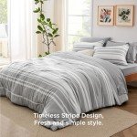 Bedsure Full Comforter Set 7 Pieces, Grey Striped Bedding Set for Full Size Bed Reversible, Cationic Dyeing Bed in a Bag with Comforter, Sheets, Pillowcases & Shams