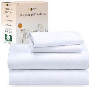 California Design Den Soft 100% Cotton Sheets Full Size Bed Set - Sateen Weave, Cooling Sheets, Deep Pockets with All Around Elastic for a, Durable Bedding Set - White