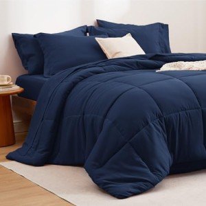 Bedsure Navy Bedding Sets Queen - 7 Pieces Solid Bed in a Bag, Queen Bed Set Navy with Comforter, Sheets, Pillowcases & Shams