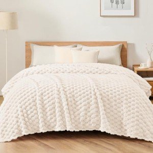 Whale Flotilla Queen Size Blanket for Bed with Jacquard Pattern, Fuzzy Soft Cozy Exquisite Blankets for All Season, Warm and Fluffy, 90x90 Inch, Ivory