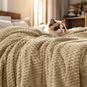 PHF Ultra Soft Flannel Fleece Blanket Queen Size, Lightweight 3D Jacquard Fleece Blanket, No Shedding, No Pilling, Luxury 340GSM Aesthetic Fluffy Cozy for Bed Room Decor, 90"x90", Camel/Light Khaki