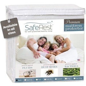 SafeRest 100% Waterproof Twin Size Mattress Protector - Fitted with Stretchable Pockets - Machine Washable Cotton Mattress Cover for Bed