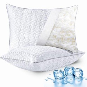 Cooling Pillows Queen Size Set of 2, Shredded Memory Foam Pillows, Adjustable Firm Bed Pillows Cool Cold Pillow for Hot Side Back Stomach Sleepers with Removable Washable Cover, 20" x 30", White