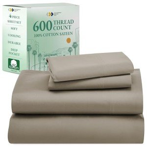 California Design Den Luxury Queen Size Sheet Set - 100% Cotton, 600 Thread Count Deep Pocket Queen Sheets, Hotel-Quality Bedding with Sateen Weave - Taupe