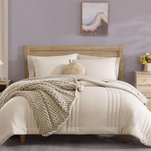 Monbix Queen Comforter Set - 7 Pieces Apricot Beige Bed in a Bag Queen Bedding Sets with Comforters, All Seasons Down Alternative Comforter Bed Set with Sheets,Pillowcases & Shams