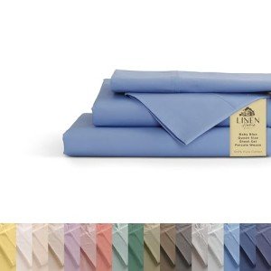 Linen Home 100% Cotton Percale Sheets Queen Size, Baby Blue, Deep Pocket, 4 Pieces Set - 1 Flat, 1 Deep Pocket Fitted Sheet and 2 Pillowcases, Crisp Cool and Strong Bed Linen