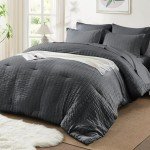 SunStyle Home Full/Queen Comforter Sets 7 Pieces, Seersucker Bed in a Bag Lightweight Bedding Sets, All Season Comforters with Flat Sheet, Fitted Sheet, Pillowcase and Pillow Sham, Dark Grey
