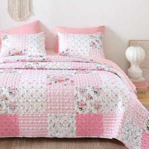 YIKUSH Quilt Sets Queen Size Floral Quilt Set 3 Pieces Bedding Set Bedspreads Pink Comforter Blanket with 2 Pillow Cases- Ultra Soft Floral Coverlet with Printed Pattern 90in.x 90in