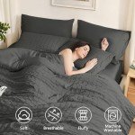 SunStyle Home Full/Queen Comforter Sets 7 Pieces, Seersucker Bed in a Bag Lightweight Bedding Sets, All Season Comforters with Flat Sheet, Fitted Sheet, Pillowcase and Pillow Sham, Dark Grey