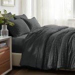 SunStyle Home Full/Queen Comforter Sets 7 Pieces, Seersucker Bed in a Bag Lightweight Bedding Sets, All Season Comforters with Flat Sheet, Fitted Sheet, Pillowcase and Pillow Sham, Dark Grey