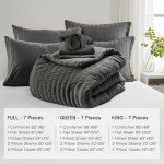 SunStyle Home Full/Queen Comforter Sets 7 Pieces, Seersucker Bed in a Bag Lightweight Bedding Sets, All Season Comforters with Flat Sheet, Fitted Sheet, Pillowcase and Pillow Sham, Dark Grey