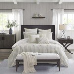 Madison Park Queen Comforter Set Clipped Jacquard Stripes with Buttons Boho Comforter for a Queen-Size Bed, Cotton Oversized Comforters with Removable Cover Boho Bedding, Queen Ivory 8 Piece
