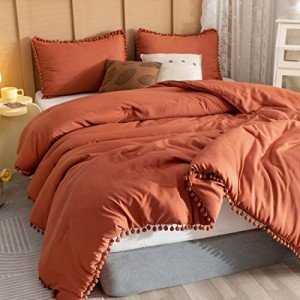 YIRDDEO Queen Comforter Set - Comforter Queen Size Sets with Ball Pom Fringe, Soft Bedding Set for All Seasons - 3 Pieces, 1 Comforter (90"x90") & 2 Pillow Shams (20"x26"), Terracotta