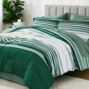 Green Queen Comforter Set 7 Pieces, Boho Striped Bed in a Bag Queen Size Soft Microfiber All Season Bedding Set with Comforter, Sheets, Pillowcases & Shams