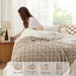 Bedsure Queen Comforter Set 5 Pieces - Bed in a Bag with Checkered Throw Blanket and Decorative Pillow, Lightweight Bedding Comforter Sets, All Season Boho Bedding, Linen Beige