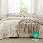 Bedsure Queen Comforter Set 5 Pieces - Bed in a Bag with Checkered Throw Blanket and Decorative Pillow, Lightweight Bedding Comforter Sets, All Season Boho Bedding, Linen Beige