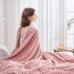 NEWCOSPLAY Super Soft Queen Blanket Pink Premium Silky Flannel Fleece 3D Ribbed Jacquard Lightweight Bed Blanket All Season Use (Pink Ribbed, Queen(90"x90"))