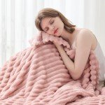 NEWCOSPLAY Super Soft Queen Blanket Pink Premium Silky Flannel Fleece 3D Ribbed Jacquard Lightweight Bed Blanket All Season Use (Pink Ribbed, Queen(90"x90"))