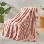 NEWCOSPLAY Super Soft Queen Blanket Pink Premium Silky Flannel Fleece 3D Ribbed Jacquard Lightweight Bed Blanket All Season Use (Pink Ribbed, Queen(90"x90"))