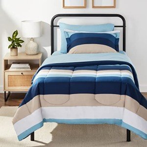 Amazon Basics 5-Piece Lightweight Microfiber Comforter Set with Sheets ,Bed-in-a-Bag Sheets, Blue Striped Bedding, Twin/Twin XL