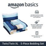 Amazon Basics 5-Piece Lightweight Microfiber Comforter Set with Sheets ,Bed-in-a-Bag Sheets, Blue Striped Bedding, Twin/Twin XL