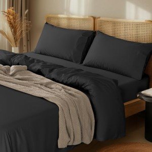 LBRO2M 1000 Thread Count 100% Cotton Sheets Set,California King Size Bed Sheet 4 Piece Sets,Long Staple,16 Inches Deep Pocket,All Season,Bedding Super Soft Comforterble Breathable,Sateen(Black)