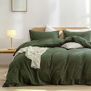 BESTOUCH Duvet Cover Set 100% Washed Cotton Linen Feel Super Soft Comfortable Chic Lightweight 3 PCs Home Bedding Set Olive Green Queen