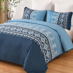 WONGS BEDDING Blue Quilt Set King,Boho 3 Pieces Bedspread Coverlet Set with Geometry Printed for All Season,Lightweight Morden Bohemian Bedding Set 104"×90"