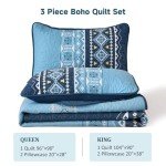 WONGS BEDDING Blue Quilt Set King,Boho 3 Pieces Bedspread Coverlet Set with Geometry Printed for All Season,Lightweight Morden Bohemian Bedding Set 104"×90"