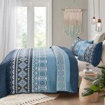 WONGS BEDDING Blue Quilt Set King,Boho 3 Pieces Bedspread Coverlet Set with Geometry Printed for All Season,Lightweight Morden Bohemian Bedding Set 104"×90"