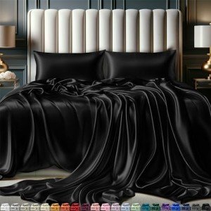 DECOLURE Satin Bed Sheets - 4 Piece Luxury Silky Full Size Bedding Set - Softer Than Silk, Wrinkle-Free with 15” Deep Pocket Fitted Sheet, Perfect for Hair & Skin, Gifts for Women (Black)