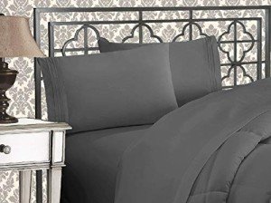Elegant Comfort® Wrinkle & Fade Resistant 1500 Thread Count - Damask Stripes Egyptian Quality Luxurious Silky Soft 4-Piece Sheet Set, Up to 16" Deep Pocket, Queen, Gray
