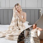 QQP Checkered Throw Blanket,Soft Cozy Microfiber Reversible Checkerboard Fluffy Blanket for Home Bed Couch., 50X60In（Camel&White）