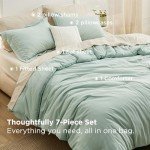 Bedsure Queen Comforter Set - 7 Pieces Sage Green Queen Bedding Set for All Seasons, Boho Contrasting Design Bed in a Bag with Comforter, Sheets, Pillowcases & Shams