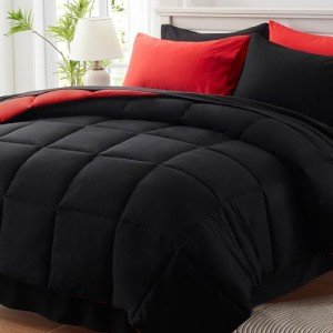 Anluoer Full Size Comforter Sets 7 Pieces, Black Bed in a Bag Bedding Set with 1 Comforter, 2 Pillow Shams, 2 Pillowcases, 1 Flat Sheet, 1 Fitted Sheet