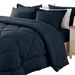Sleepdown Queen Comforter Set with Sheets 7 Piece, All Season Reversible Bed in a Bag Queen Bedding Sets with Queen Comforter Set, Pillow Shams, Flat Sheet, Fitted Sheet, Pillowcases (Navy, Queen)