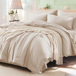 Anluoer Beige Queen Comforter Set 7 Pieces, Bed in a Bag with Sheets, All Season Bedding Sets with 1 Comforter, 2 Pillow Shams, 2 Pillowcases, 1 Flat Sheet, 1 Fitted Sheet
