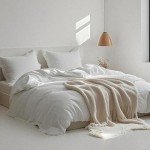 Simple&Opulence 100% Linen Duvet Cover Set, 3 PCS Natural French Flax White Ruffle Duvet Cover Queen Size, Breathable Comfy Linen Bedding Comforter Cover with 2 Pillowcases (White, 88" X 92")