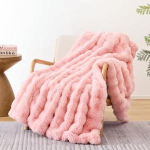 Smoofy Faux Fur Throw Blanket for Couch – Blush Pink Fluffy Cozy Rabbit Fleece, Plush Soft Bubble Blanket for Sofa & Bed, for Mom, Warm Fuzzy Home Room Decor Throw 50" x 60"
