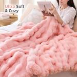 Smoofy Faux Fur Throw Blanket for Couch – Blush Pink Fluffy Cozy Rabbit Fleece, Plush Soft Bubble Blanket for Sofa & Bed, for Mom, Warm Fuzzy Home Room Decor Throw 50" x 60"