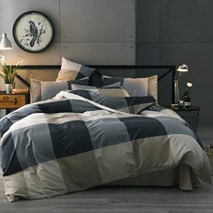 Cotton Grid Plaid Duvet Cover Set Queen Modern Reversible Checkered Bedding Set Hotel Quality 3 Pieces Duvet Comforter Cover Luxury Soft Zipper Closure Bedding Collection (NO Comforter)