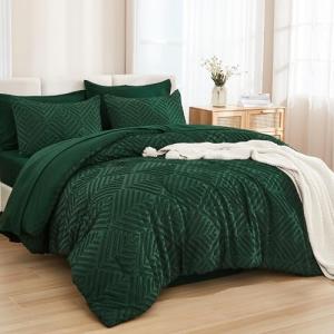 Andency Queen Comforter Set 7 Piece Dark Emerald Green - Bed in a Bag Queen Boho Lightweight Fluffy Tufted Bedding Sets with Comforter, Sheets, Pillowcases & Shams