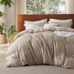 Bedsure 100% Washed Cotton Duvet Cover Queen Size - Khaki Minimalist Cotton Duvet Cover Linen Like for All Seasons - GentleSoft™ Plain Simple Bedding, 3 Pieces (Khaki, Queen, 90"x90")