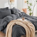 HYMOKEGE Dark Grey Duvet Cover Queen Size, Ultra Soft 3-Piece Seersucker Duvet Cover Set with Zipper Closure, Soft Brushed Microfiber Bedding Set with 8 Corner Ties (90"x90", 2 Pillowshams)