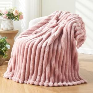 NEWCOSPLAY Super Soft Twin Blanket Pink Premium Silky Flannel Fleece 3D Ribbed Jacquard Lightweight Bed Blanket All Season Use (Pink Ribbed, Twin(60"x80"))