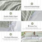 MILDLY Jacquard Stripe Duvet Cover - Sage Green 100% Washed Cotton Boho Textured Comforter Cover Set with Zipper Closure 90"x90"