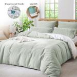 MILDLY Jacquard Stripe Duvet Cover - Sage Green 100% Washed Cotton Boho Textured Comforter Cover Set with Zipper Closure 90"x90"