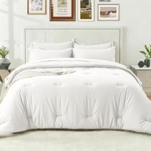 Easthome Queen Size Comforter Set - 7 Pieces Bed in a Bag Bed Comforter with Fitted Sheet, Flat Sheet, 2 Pillow Shams, 2 Pillowcases, Machine Washable Bedding Sets - Solid White