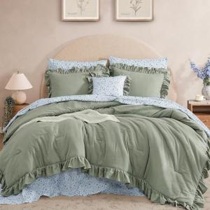 BLOOMHAVEN Queen Comforter Set - 7 Pieces Ruffle Sage Green Bedding Sets, Shabby Chic Farmhouse Bed in a Bag Queen with Ruffle Comforter, Floral Sheets, Pillowcases & Shams