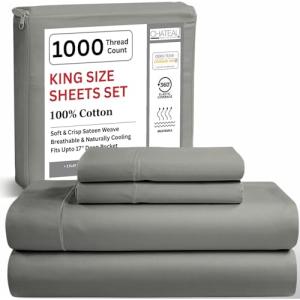 CHATEAU HOME COLLECTION 100% Cotton Sheets King Size - 1000 Thread Count Luxury Sateen Weave- 15" Deep Pocket King Sheet Set- Machine Washable Fade Restistant- Silver